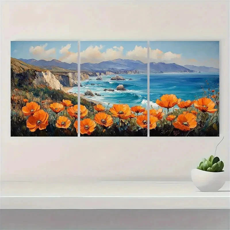 3pcs California Poppy & Big Sur Coast Perfect Wall Art Set Canvas Framed 50x70cm - High Quality Print 100% Australian Made Wall Canvas Ready to Hang - Bella Home Decor