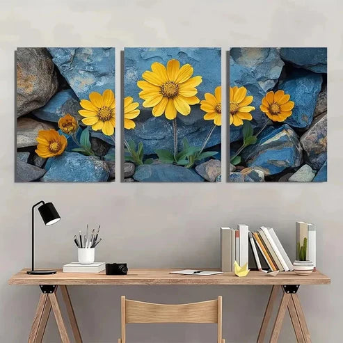 3pcs Yellow Brittlebush Flower Perfect Wall Art Set – Wall Art Canvas Unframed - High Quality Print 100% Australian Made Wall Canvas