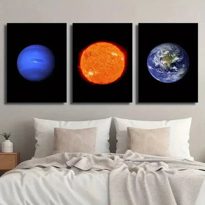 3pcs Sun Neptune Earth on Black Background Wall Art Set Canvas Unframed - High Quality Print 100% Australian Made Wall Canvas