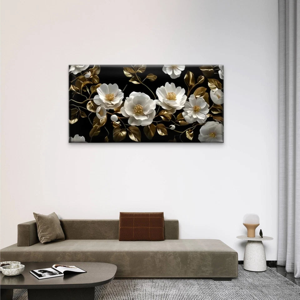 Black White Floral Pattern Gold Wall Art Canvas Office Home Room Framed 120x60cm