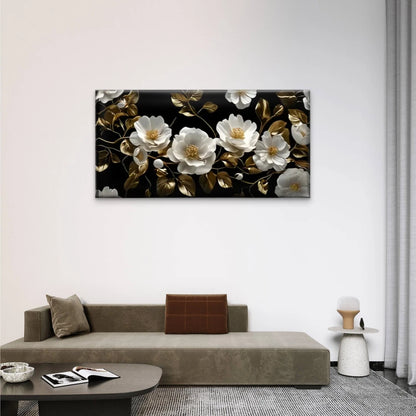 Black White Floral Pattern Gold Wall Art Canvas Office Home Room Framed 120x60cm