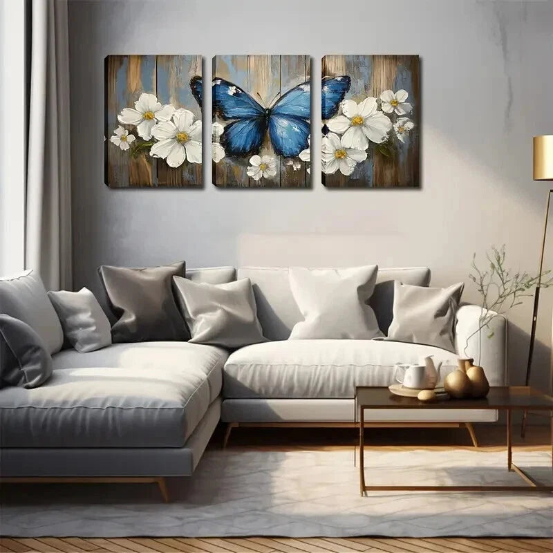 3pcs Blooming Flowers & Blue Butterfly Perfect Wall Art Set Canvas Framed 60x90cm - High Quality Print 100% Australian Made Wall Canvas Ready to Hang - Bella Home Decor