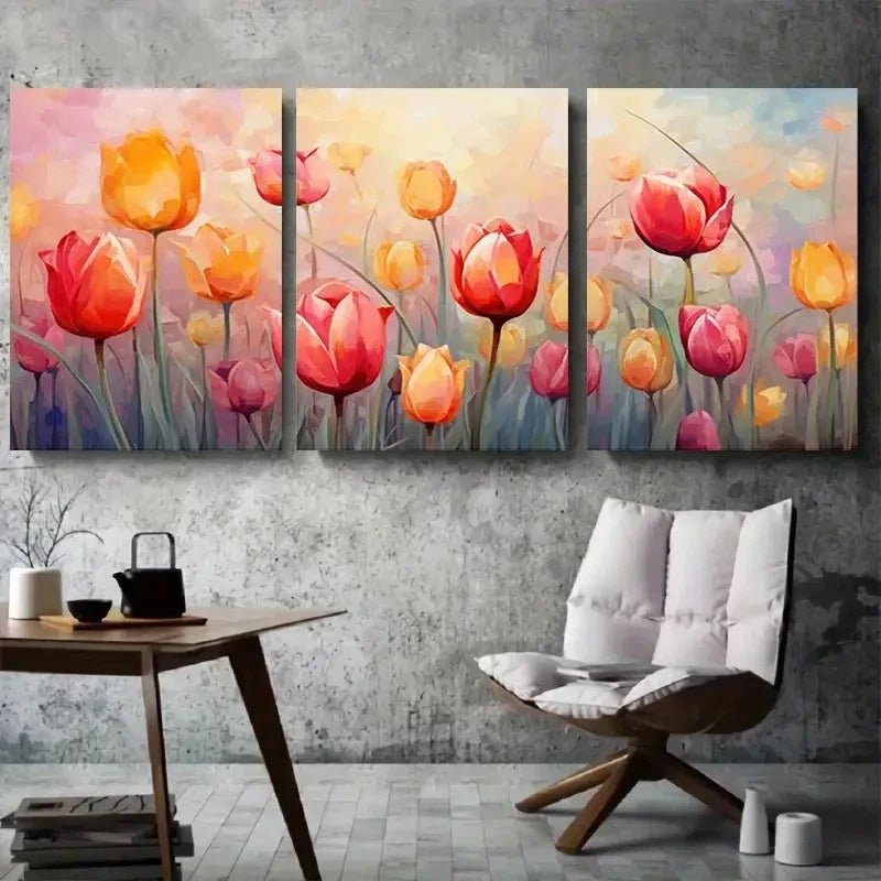 3pcs Vibrant Tulip Floral Modern Botanical Wall Art Set Canvas Framed 60x90cm - High Quality Print 100% Australian Made Wall Canvas Ready to Hang