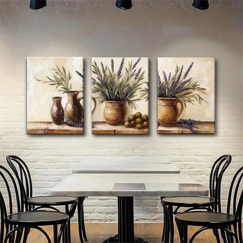 3pcs Lavender And Olive In Rustic Vases Wall Art Set Canvas Framed 50x70cm - High Quality Print 100% Australian Made Wall Canvas Ready to Hang