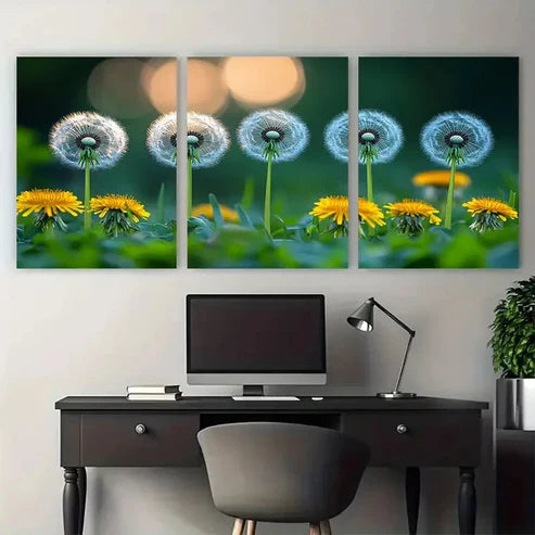 3pcs Grassy Green Meadow Dandelions Wall Art Canvas Unframed - High Quality Print 100% Australian Made Wall Canvas