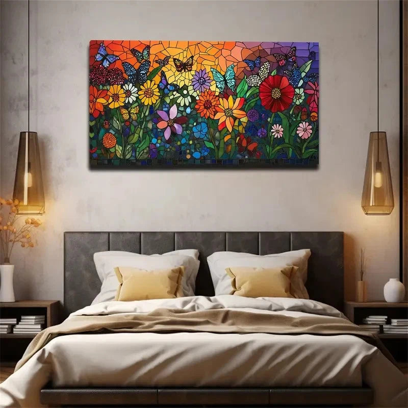 Vibrant Floral Stained Glass Wall Art Canvas Office Home Room Framed 120x60cm