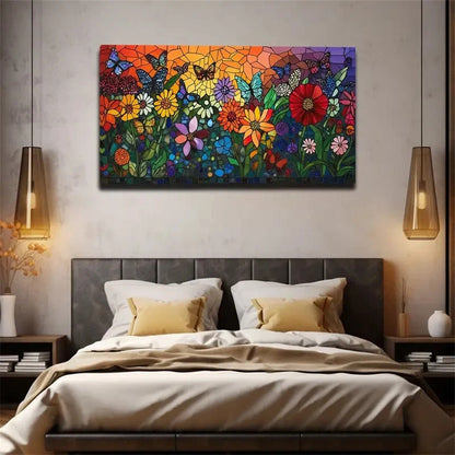 Vibrant Floral Stained Glass Wall Art Canvas Office Home Room Framed 120x60cm