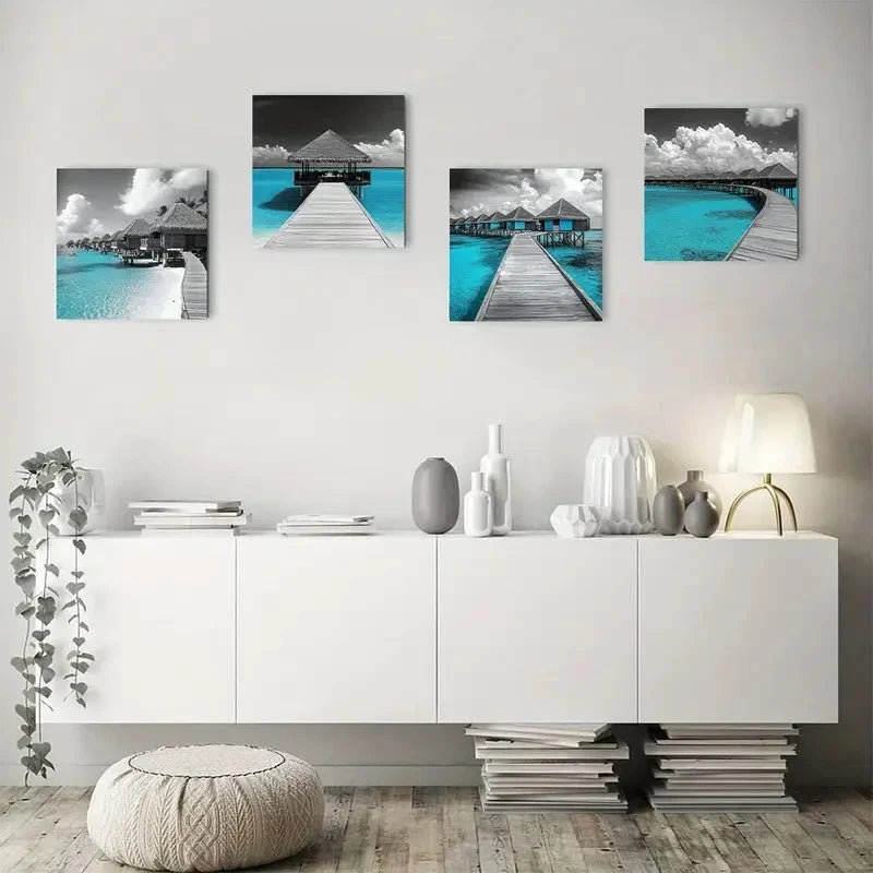 4pcs Turquoise Grey And Teal Ocean Maldives Wall Art Canvas Framed