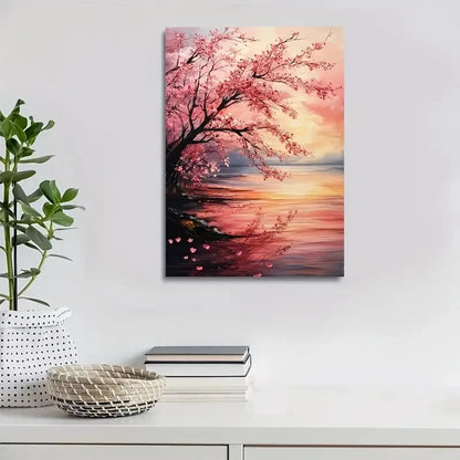 Beautiful Cherry Blossoms Sunset Painting Vibrant Pink 40x60cm Metal Print Ready to Hang - Bella Home Decor