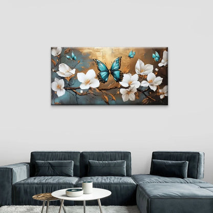 White Flowers Butterflies Wall Art Canvas Office Home Room Framed 120x60cm