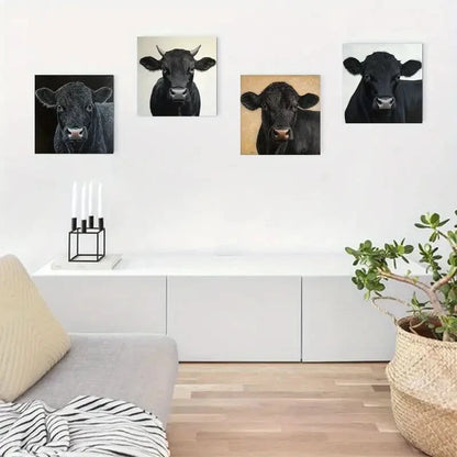 4pcs Black Angus Cow Wall Art Canvas Framed