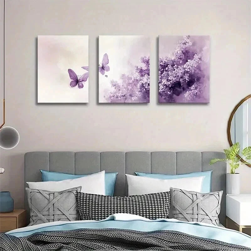 3pcs Purple Lavender Bloom And Butterfly Wall Art Set Canvas Framed 50x70cm - High Quality Print 100% Australian Made Wall Canvas Ready to Hang