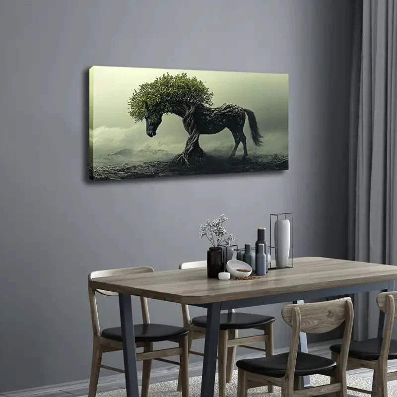 Enchanted Forest Horse Tree Wall Art Canvas Office Home Room Framed 120x60cm - Bella Home Decor