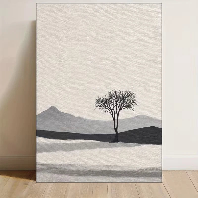Minimalist Black Tree, Beige, White, Gray Palette  60x90cm Metal Print Ready to Hang