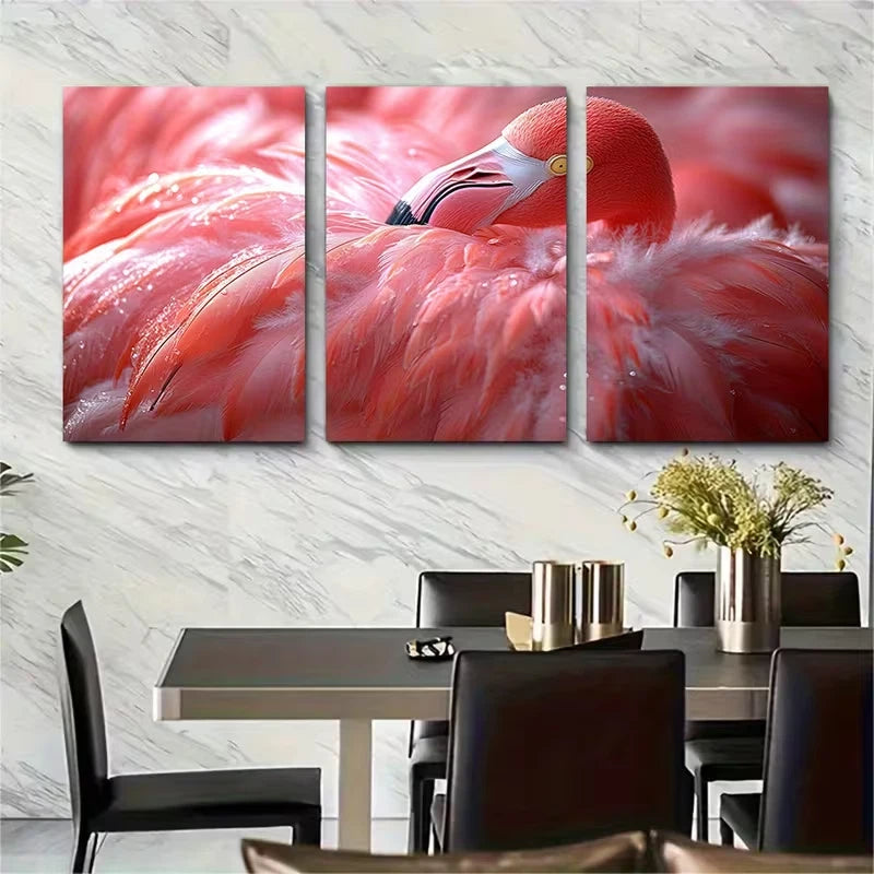 3pcs Pink Flamingo Feathers Metal Print Ready to Hang Art