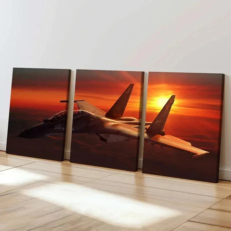 3pcs Fighter Jets & Bombers at Sunset Wall Art Set Canvas Framed 40x60cm - High Quality Print 100% Australian Made Wall Canvas Ready to Hang - Bella Home Decor