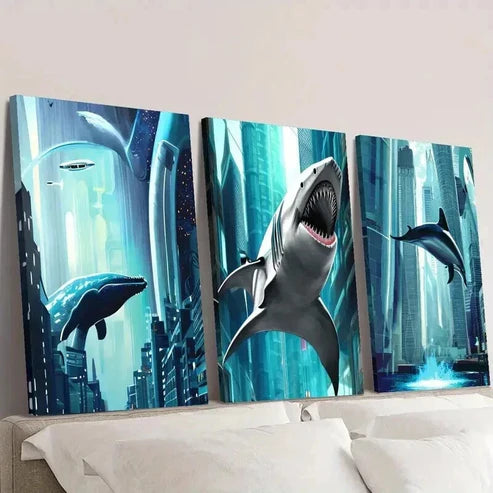 3pcs Flying Fish Fantasy Theme Illustration Wall Art Canvas Unframed - High Quality Print 100% Australian Made Wall Canvas - Bella Home Decor