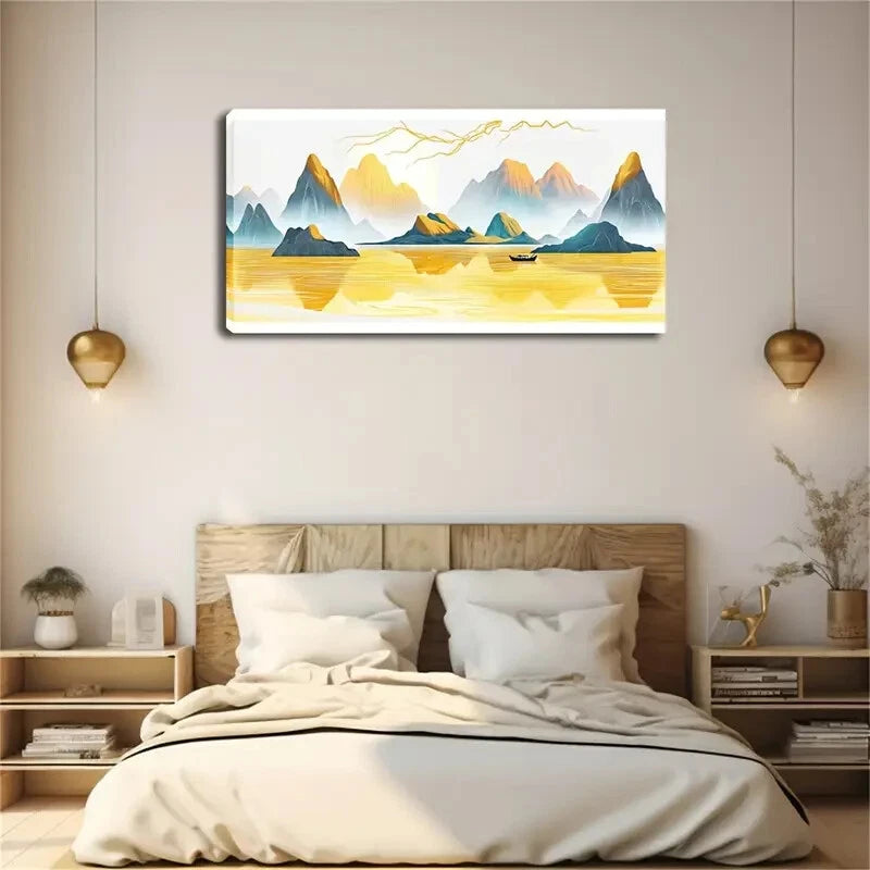 Golden Lake Landscape Modern Wall Art Canvas Office Home Room Framed 120x60cm - Bella Home Decor