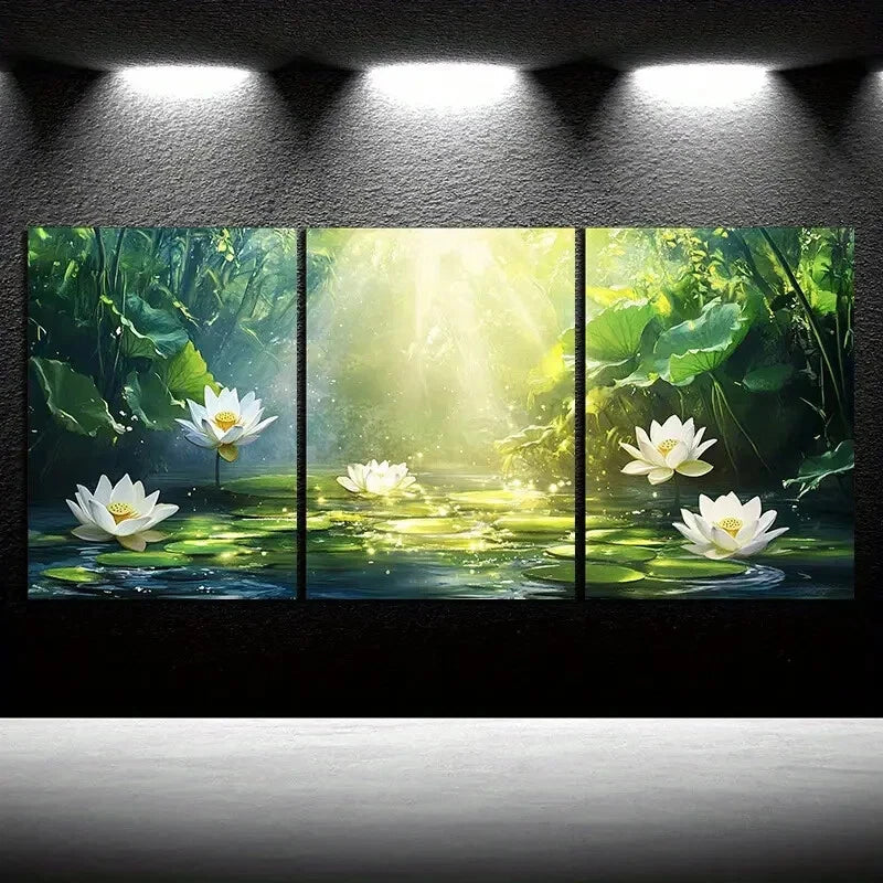 3pcs Lotus And Lotus Leaves in The Water Metal Print Ready to Hang Art - Bella Home Decor