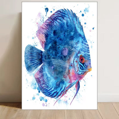 Manga-Style Abstract Blue Watercolor Fish Metal Print Ready to Hang