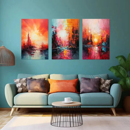 3pcs Abstract Sunset Colorful Cityscape Metal Print Ready to Hang Art - Bella Home Decor
