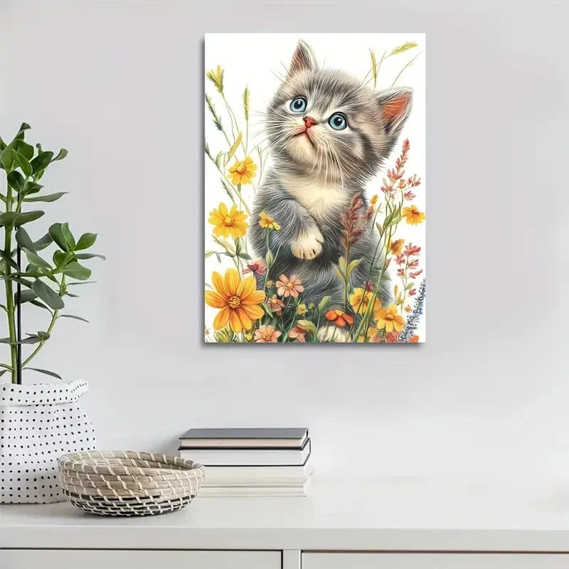 Flowers And Plants Cute British Shorthair Painting 40x60cm Metal Print Ready to Hang