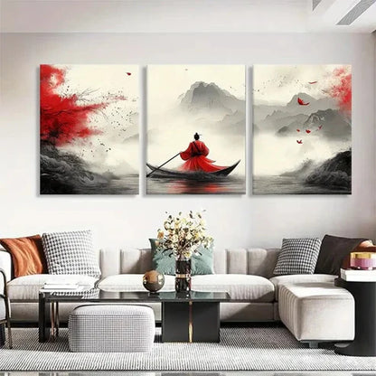 3pcs Traditional Boat Zen Red Perfect Wall Art Set Canvas Unframed - High Quality Print 100% Australian Made Wall Canvas