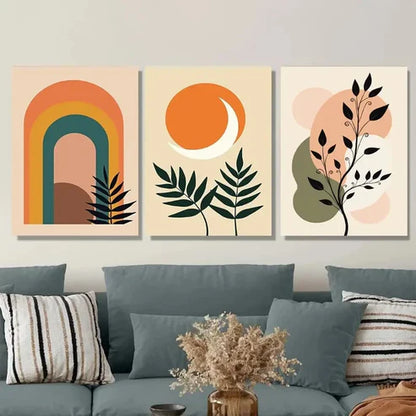 3pcs Boho Rainbow, Sun, And Leaf Modern Abstract Wall Art Set Canvas Unframed - High Quality Print 100% Australian Made Wall Canvas - Bella Home Decor