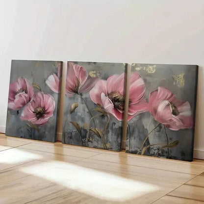 3pcs Abstract Pink Golden Flowers Vintage Wall Art Set Canvas Unframed - High Quality Print 100% Australian Made Wall Canvas - Bella Home Decor