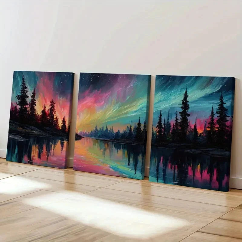 3pcs Abstract Northern Lights Forest Reflection  Wall Art Set Canvas Framed 60x90cm - High Quality Print 100% Australian Made Wall Canvas Ready to Hang - Bella Home Decor