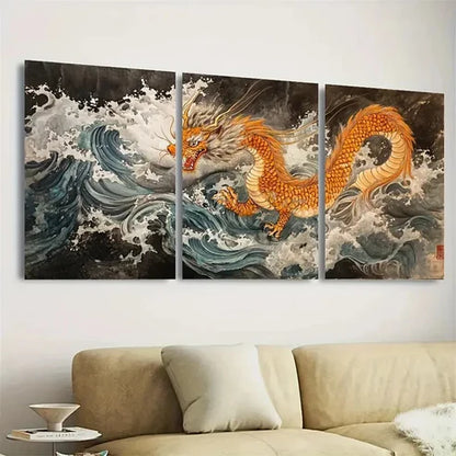 3pcs Vintage Tiger Dragon Wall Art Set Canvas Unframed - High Quality Print 100% Australian Made Wall Canvas - Bella Home Decor