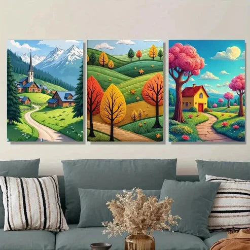 3pcs Village & Mountain Landscape Vibrant Autumn Wall Art Set Canvas Unframed - High Quality Print 100% Australian Made Wall Canvas
