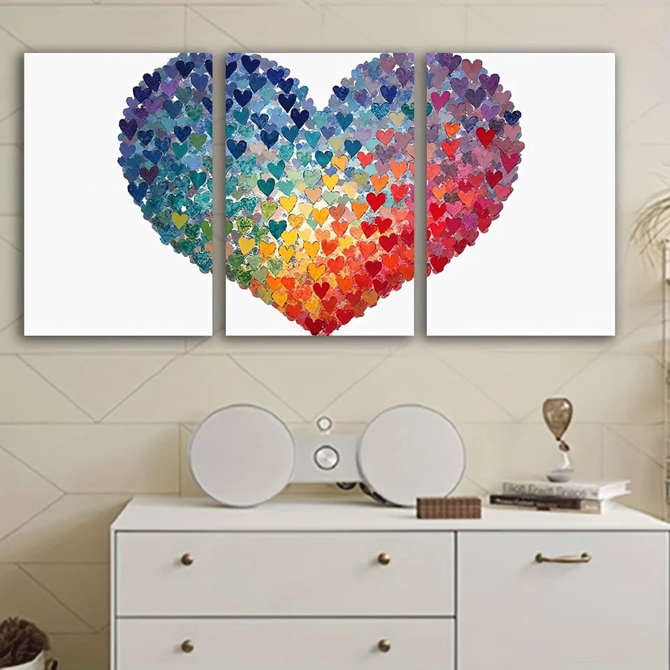 3pcs Vibrant Multicolor Watercolor Heart Design Wall Art Set Canvas Framed 50x70cm - High Quality Print 100% Australian Made Wall Canvas Ready to Hang