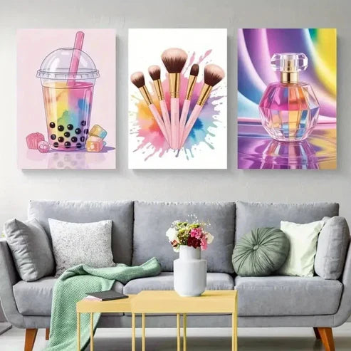 3pcs Bubble Tea, Makeup Brushes, Perfume Wall Art Canvas Unframed - High Quality Print 100% Australian Made Wall Canvas - Bella Home Decor