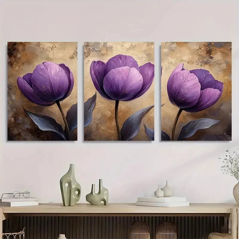 3pcs Showcasing Beige Purple Tulips Perfect Wall Art Set Canvas Framed 40x60cm - High Quality Print 100% Australian Made Wall Canvas Ready to Hang - Bella Home Decor