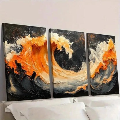 3pcs Black Orange Ceramic Embellishment Wall Art Set Canvas Framed 40x60cm - High Quality Print 100% Australian Made Wall Canvas Ready to Hang - Bella Home Decor