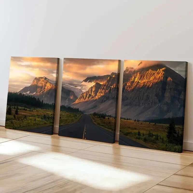 3pcs Scenery Mountains Sunset Road & Trees Wall Art Set Canvas Framed 40x60cm - High Quality Print 100% Australian Made Wall Canvas Ready to Hang - Bella Home Decor