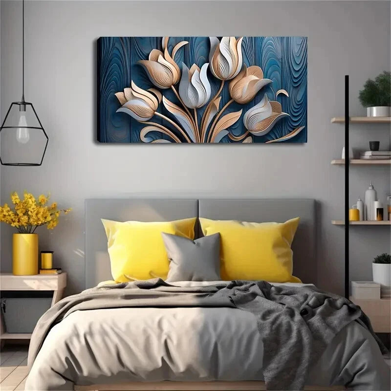 Golden & Light Blue Tulip Wall Art Canvas Office Home Room Framed 120x60cm - Bella Home Decor