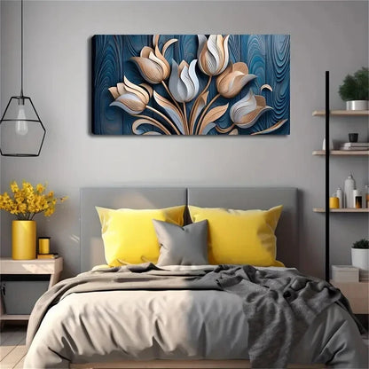 Golden & Light Blue Tulip Wall Art Canvas Office Home Room Framed 120x60cm - Bella Home Decor