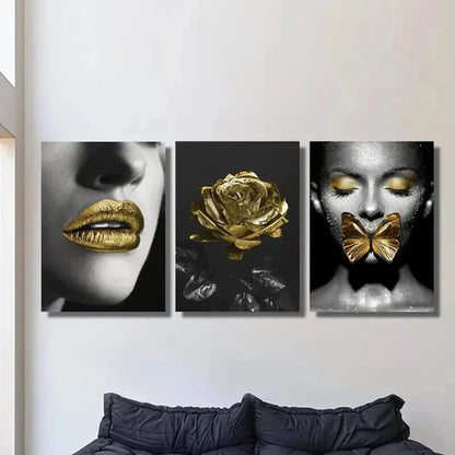 3pcs Woman With Golden Lipstick Butterflies Rose Wall Art Canvas Unframed - High Quality Print 100% Australian Made Wall Canvas