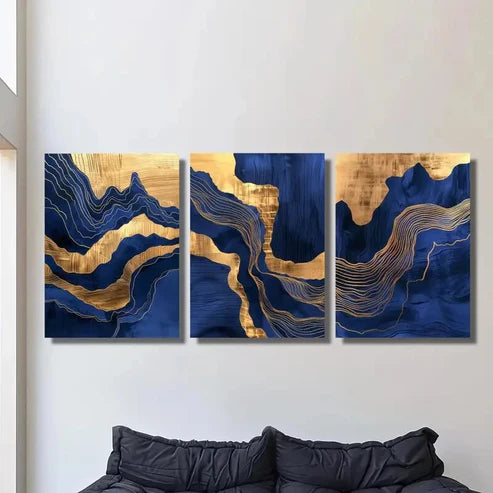 3pcs Abstract Wavy Blue Marble and Golden Gilt Wall Art Set Canvas Unframed - High Quality Print 100% Australian Made Wall Canvas - Bella Home Decor
