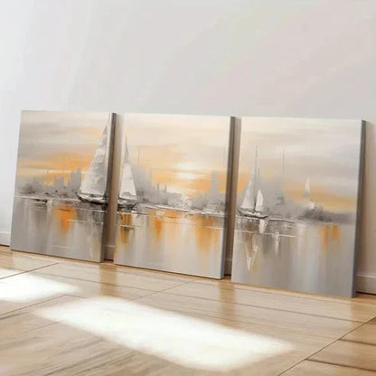 3pcs Abstract Golden Hour Sailing Ships Wall Art Set Canvas Unframed - High Quality Print 100% Australian Made Wall Canvas - Bella Home Decor