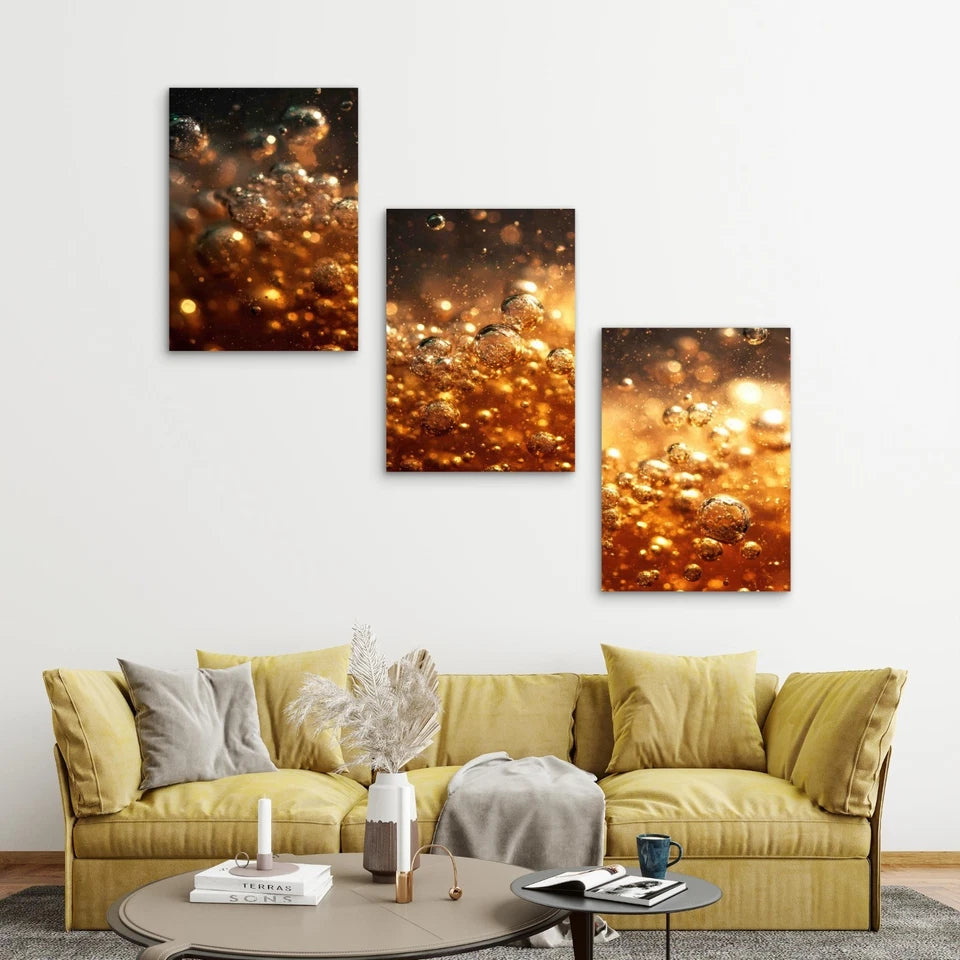 3pcs Golden Liquid With Bubbles Metal Print Ready to Hang Art