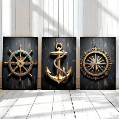 3pcs Ship Wheel, Anchor, Compass Canvas   Wall Art Set Canvas Framed 40x60cm - High Quality Print 100% Australian Made Wall Canvas Ready to Hang