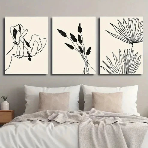 3pcs Abstract Beige and Black Botanical Floral Wall Art Set Canvas Unframed - High Quality Print 100% Australian Made Wall Canvas