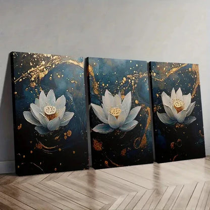 3pcs Elegant Blue & Golden for Lotus Flower Wall Art Set Canvas Unframed - High Quality Print 100% Australian Made Wall Canvas