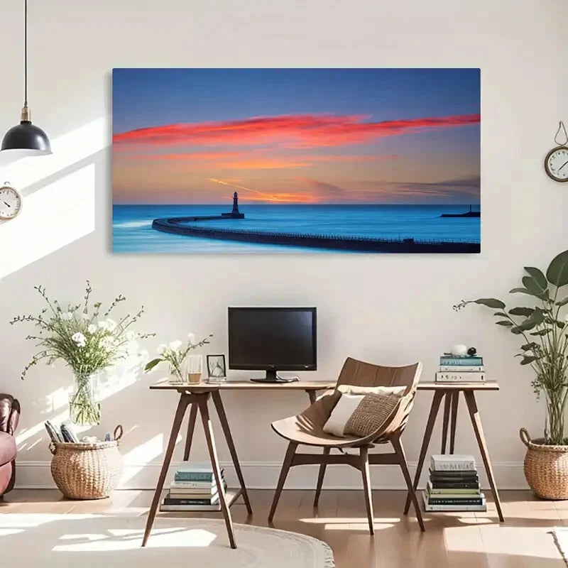 Rustic Seaside Lighthouse Scene Wall Art Canvas Office Home Room Framed 120x60cm