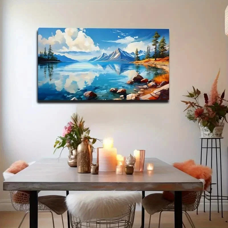 Serene Lake Scene With Blue Sky Wall Art Canvas Office Home Room Framed 120x60cm