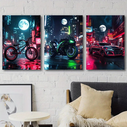 3pcs Cityscape Bicycle Motorcycle Sports Car Metal Print Ready to Hang Art - Bella Home Decor