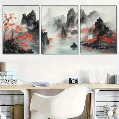 3pcs Mountain Landscape Red Swirl Décor Perfect Wall Art Set Canvas Framed 50x70cm - High Quality Print 100% Australian Made Wall Canvas Ready to Hang - Bella Home Decor